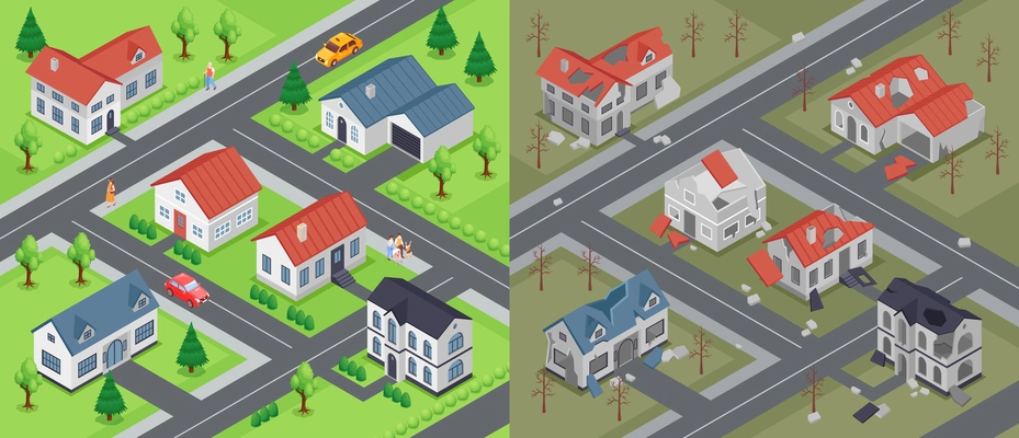 Isometric ruined city before and after compositions set with outdoor view of populated and abandoned district vector illustration