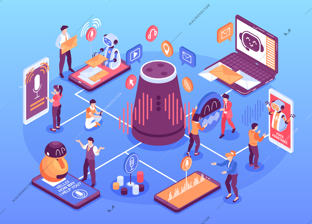 Voice assistant isometric vector illustration showing artificial intelligence technology devices using voice command