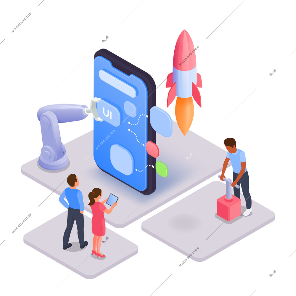 Mobile app development isometric composition with human characters robotic arm and smartphone on platforms with rocket vector illustration