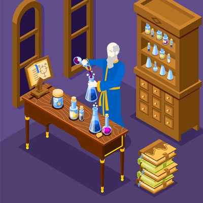 Old sorcerer doing alchemy in laboratory making potions 3d isometric vector illustration