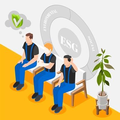 Isometric concept of esg environmental social governance and ethical business with three male workers in uniform 3d vector illustration