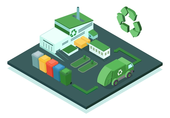 Isometric recycling composition with isolated view of factory area with plant building bins and dump truck vector illustration