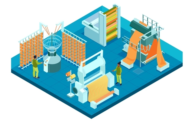 Isometric textile industry composition with isolated view of factory department with machines operated by human characters vector illustration
