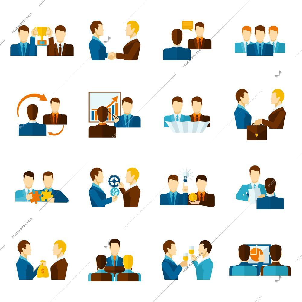 Business partnership teamwork management and communication flat icons set isolated vector illustration