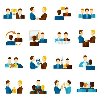 Business partnership teamwork management and communication flat icons set isolated vector illustration