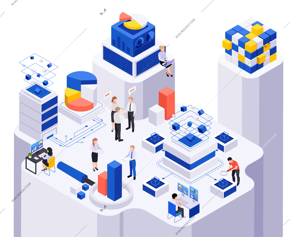 Data economy isometric composition with bar chart elements cubes of different size computer icons and people vector illustration