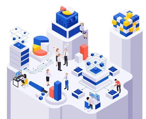 Data economy isometric composition with bar chart elements cubes of different size computer icons and people vector illustration