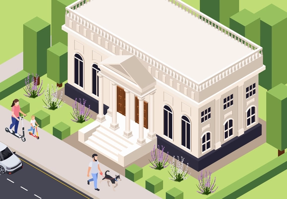 Classic architecture isometric composition with outdoor scenery of city street with people and medieval style building vector illustration