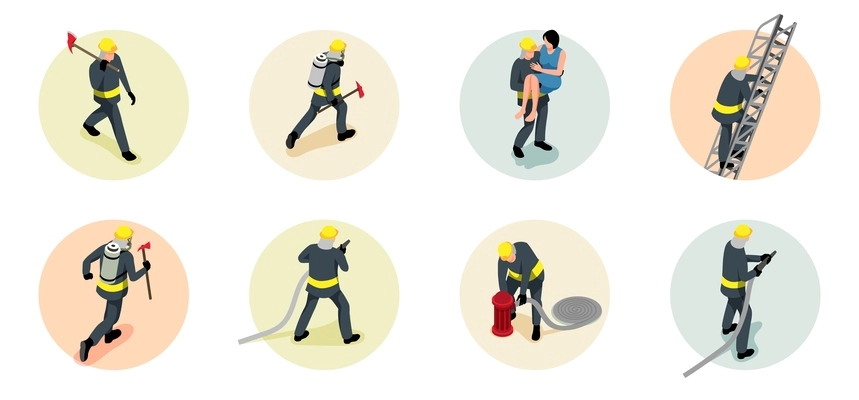 Isometric round firefighter composition set firefighters walks with an axe carries a rescued person in his arms climbs a ladder puts out a fire vector illustration