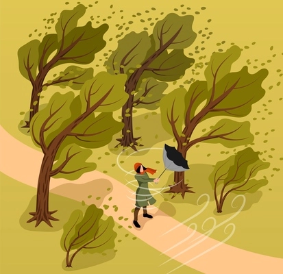 Isometric storm weather concept the wind takes the umbrella away from girl in the park vector illustration