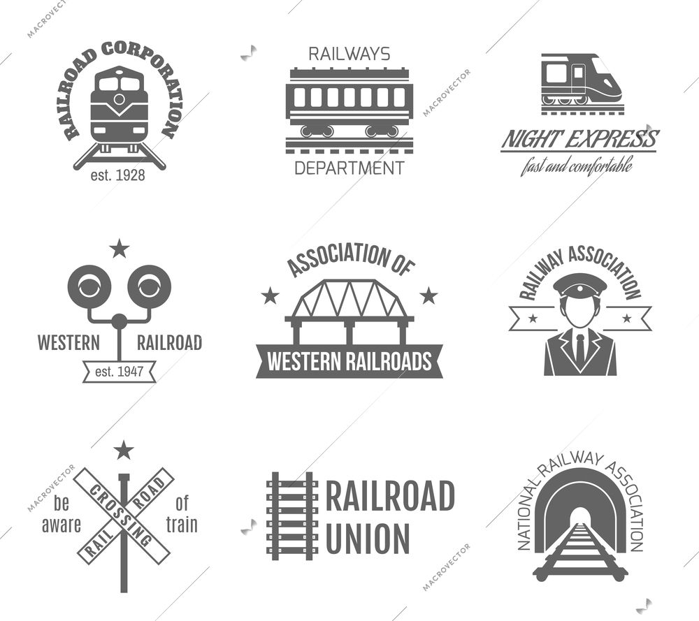 Railway corporation railroad department fast train express black label set isolated vector illustration