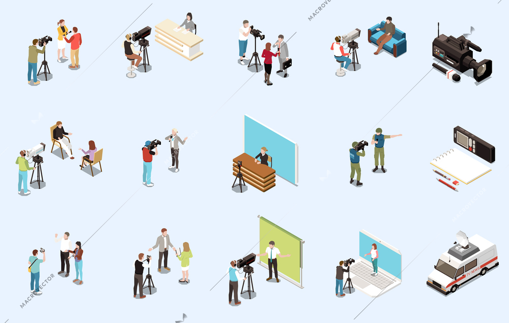 Media isometric icons set with journalist and news reporters scenes isolated vector illustration