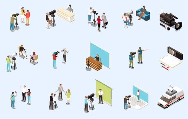 Media isometric icons set with journalist and news reporters scenes isolated vector illustration