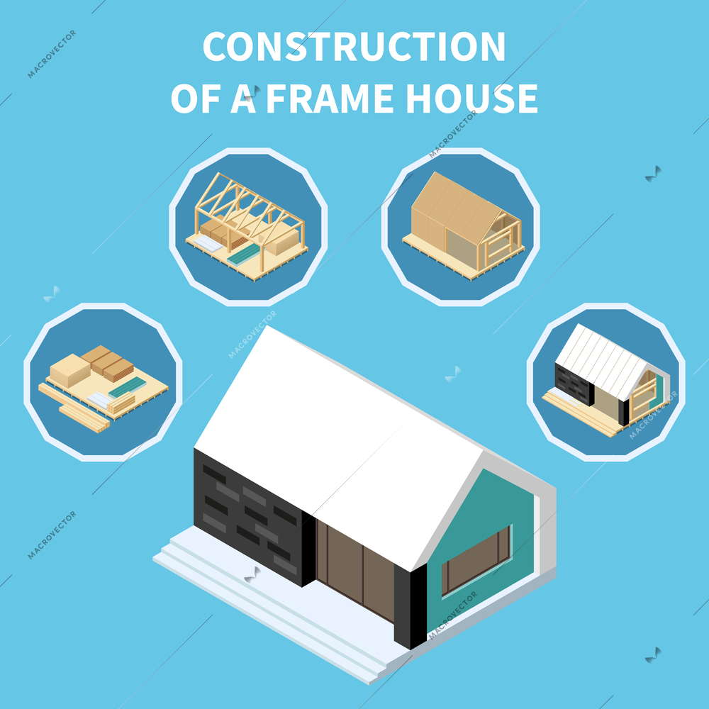 Modular building isometric concept with steps of frame house construction vector illustration