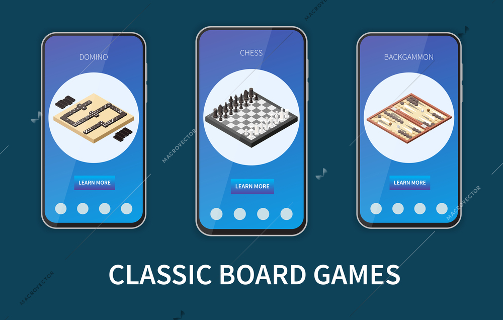 Indoor and table gaming isometric set with classic board game mobile application templates isolated vector illustration