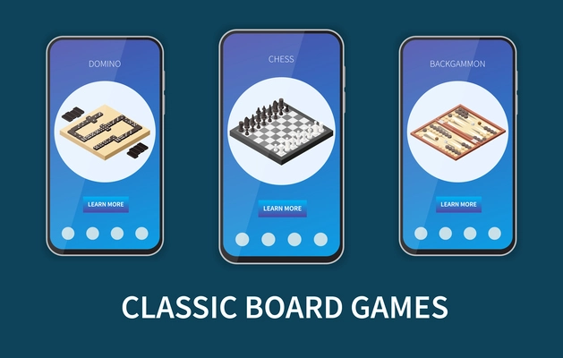 Indoor and table gaming isometric set with classic board game mobile application templates isolated vector illustration