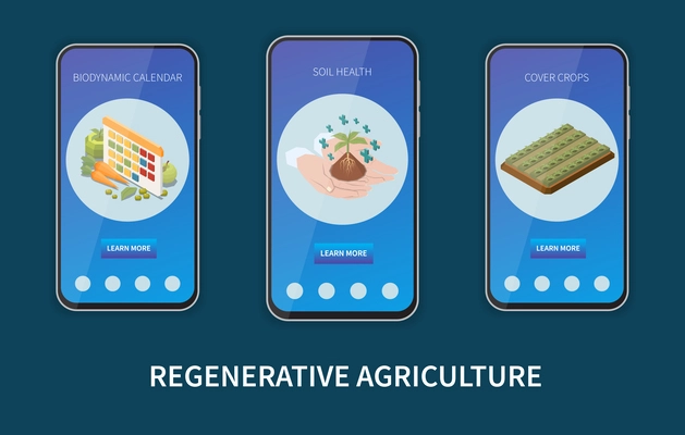 Regenerative agriculture isometric set with mobile app templates helping healthy crop growing isolated vector illustration