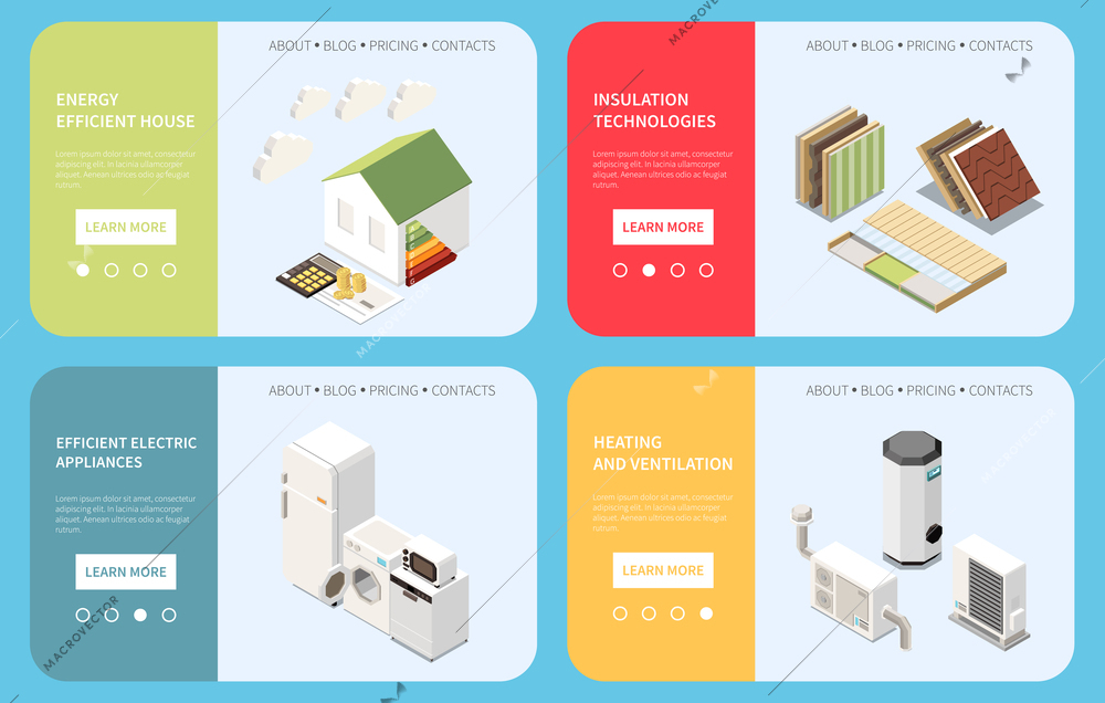 Energy efficient house isometric banner set with electric appliances and sustainable technologies isolated vector illustration