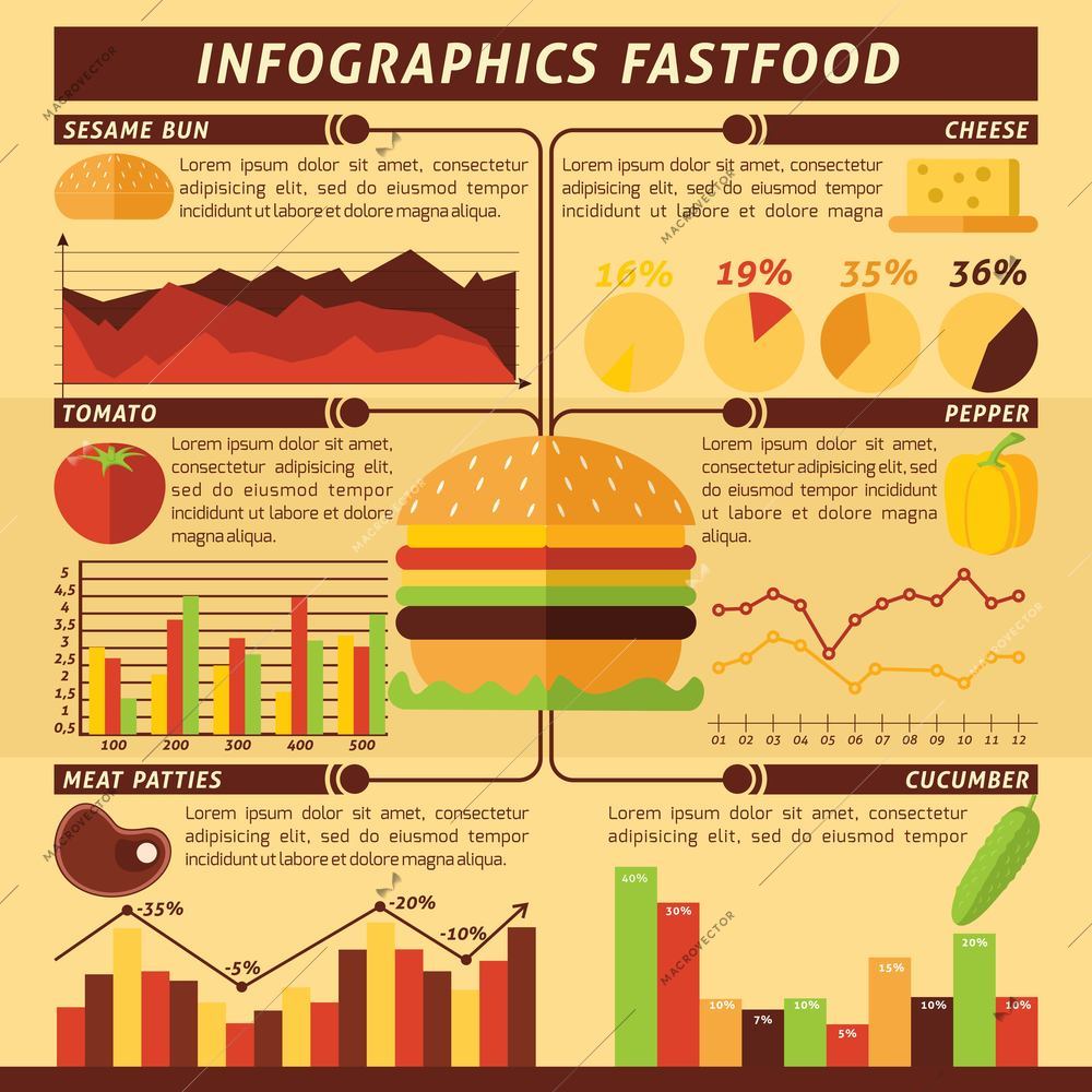 Fast food infographics set with cheeseburger ingredients and charts vector illustration