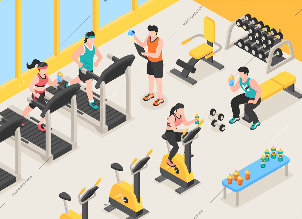 Sport nutrition background with workout and training symbols isometric vector illustration