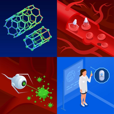 Isometric nanotechnology 2x2 design concept with nanotube nanorobots and female scientist in laboratory isolated vector illustration