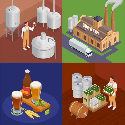 Brewery building equipment glasses and bottles of beer isometric 2x2 design concept isolated 3d vector illustration
