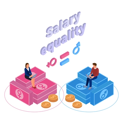 Gender and salary equality isometric concept with man and woman sitting on banknote stacks of equal size 3d vector illustration
