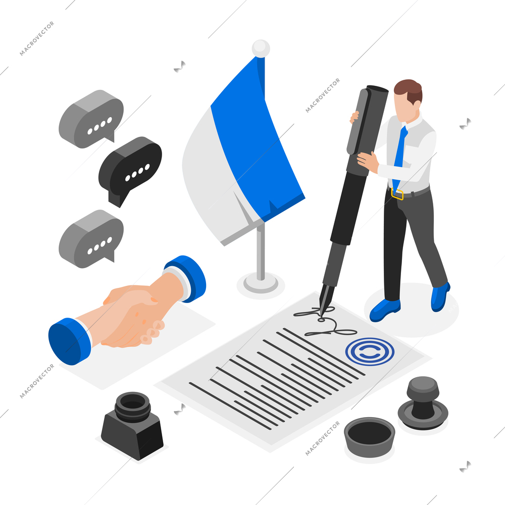 Diplomacy and diplomat colored and isometric concept handshake flag of the country seals, documents and signature vector illustration