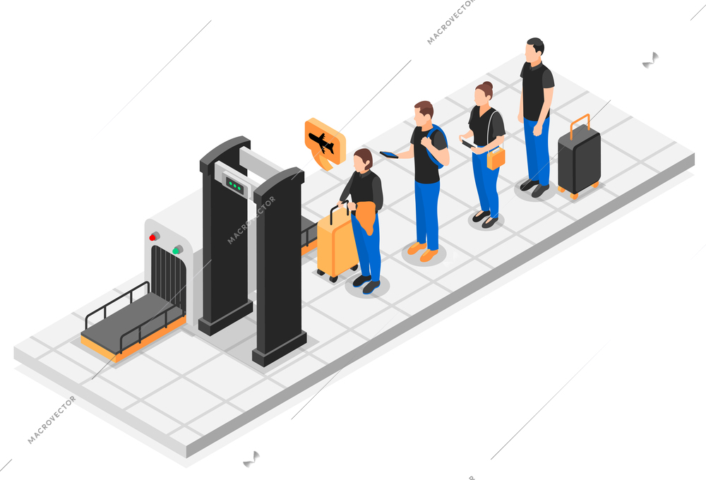 Queue isometric concept people standing in line in front of the metal detector frame at the airport vector illustration