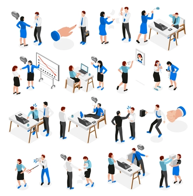 Bad boss isometric icon set bad manager scolds, shouts and beats his subordinates vector illustration