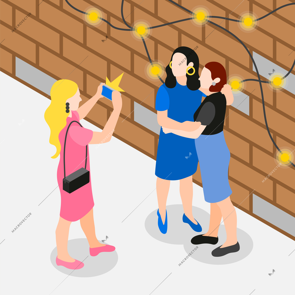 Female friends isometric composition a friend takes pictures of two other girls with a camera vector illustration