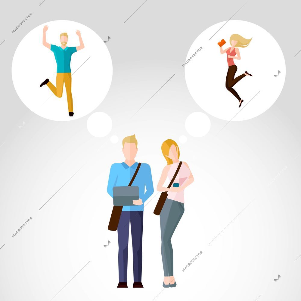 Young male and female students with bags and speech bubbles flat vector illustration