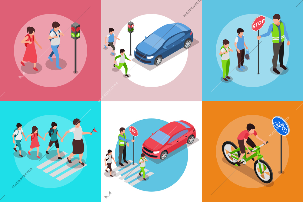 Set with isolated round compositions with children road safety rules isometric images of kids and cars vector illustration