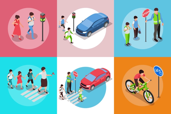 Set with isolated round compositions with children road safety rules isometric images of kids and cars vector illustration