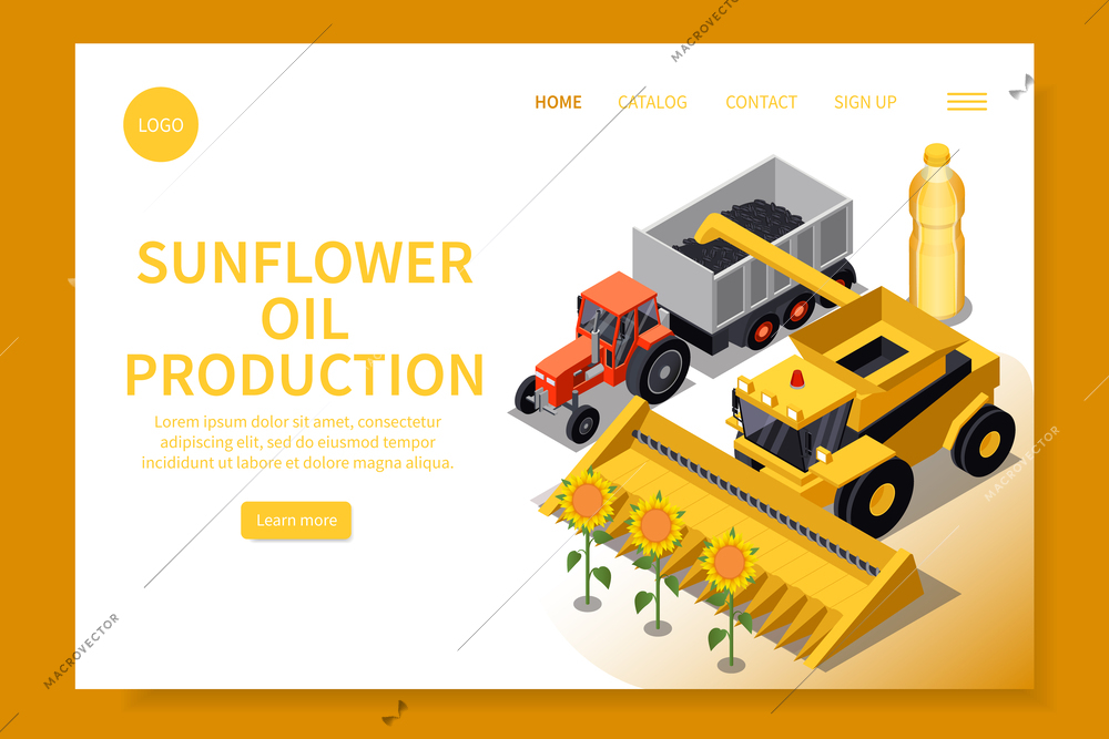 Sunflower production isometric web site landing page with set of clickable links text and agricultural machinery vector illustration