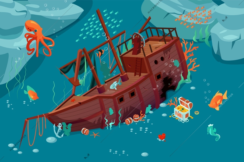 Isometric underwater world composition with view of vintage sunken ship with treasure chest fishes and octopus vector illustration