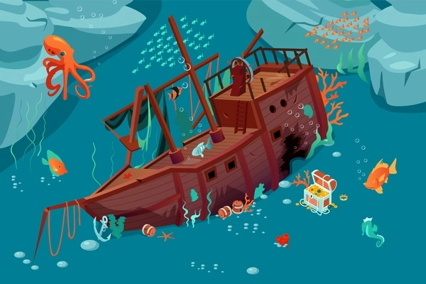 Isometric underwater world composition with view of vintage sunken ship with treasure chest fishes and octopus vector illustration