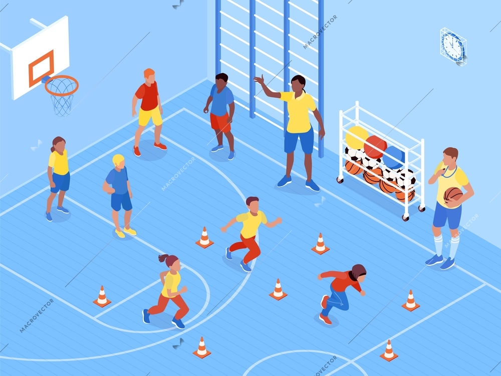 Isometric pe lesson composition with indoor view of gym with basketball playground traffic cones running kids vector illustration