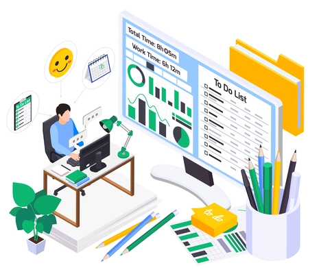 Mental health wellness composition of workplace icons with human character of worker with reactions chat bubbles vector illustration