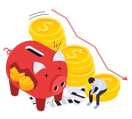 Financial crisis inflation isometric composition with sad broker character down growing coins and damaged piggy bank vector illustration