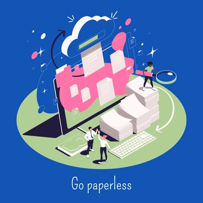 Go paperless isometric concept with cloud storage electronic documents on computer and stacks of papers 3d vector illustration