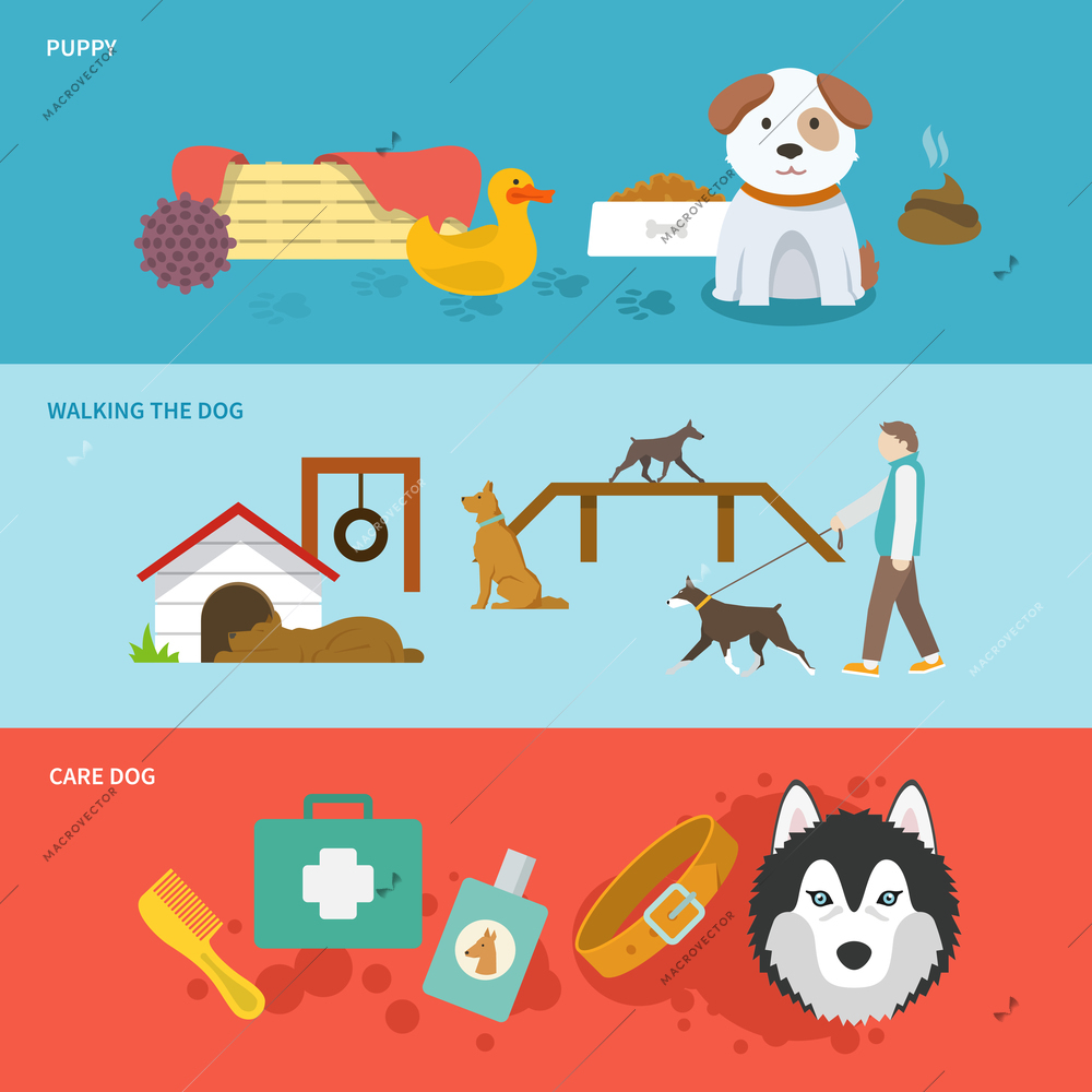 Dog horizontal banner set with walking puppy care flat elements isolated vector illustration