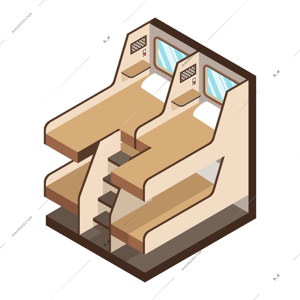 Isometric empty railway train wagon couchette car on white background 3d isolated vector illustration