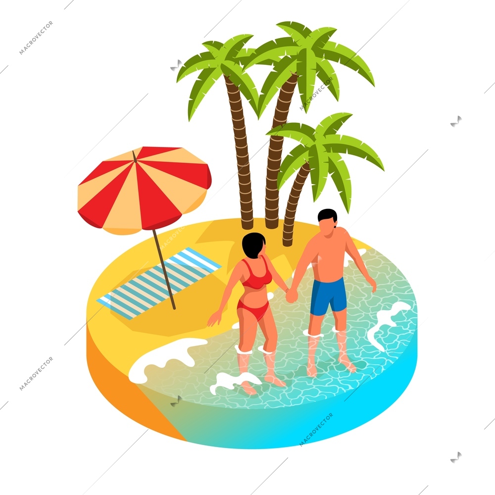 Couple standing in water on tropical beach with palms and umbrella on sand 3d isometric isolated vector illustration