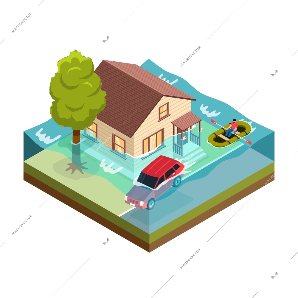 Isometric natural disaster flood concept with flooded house car and man floating in boat along street 3d vector illustration