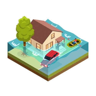 Isometric natural disaster flood concept with flooded house car and man floating in boat along street 3d vector illustration