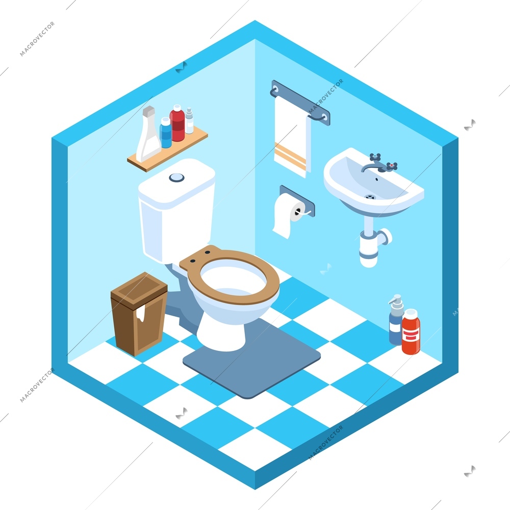 Isometric toilet interior with sink towel rug 3d isolated vector illustration