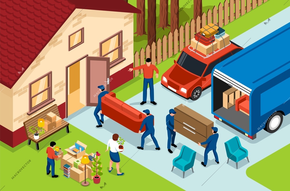 Family moving isometric composition with movers unloading van and carrying furniture into new house 3d vector illustration