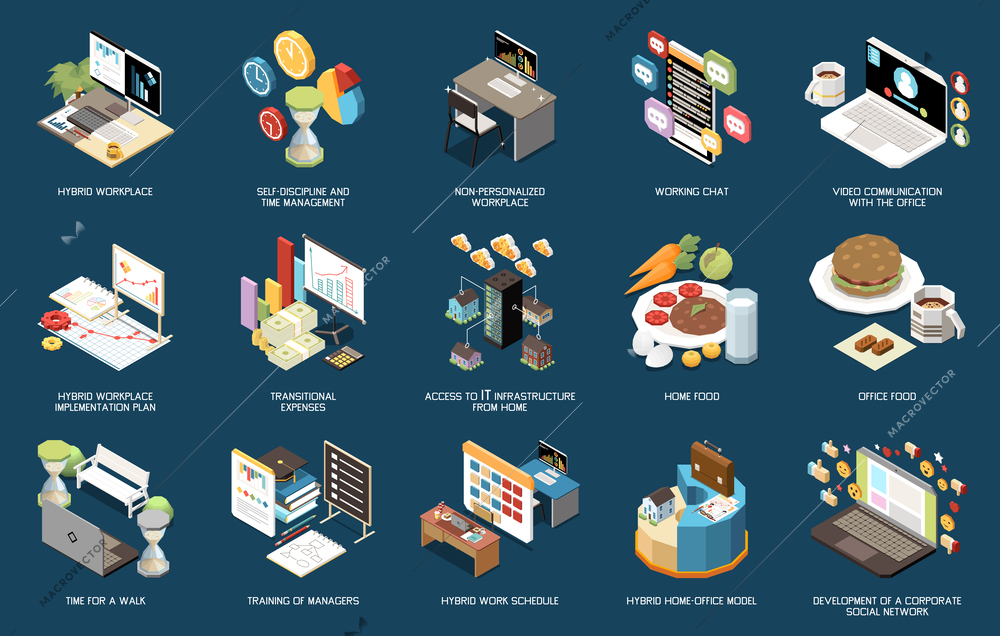 Hybrid work workplace home office model isometric icons set isolated on color background 3d vector illustration