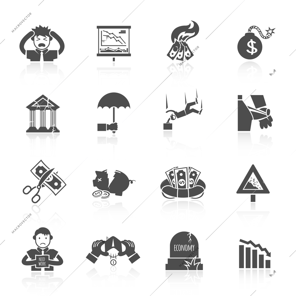 Economic crisis banking and finance depression black icons set isolated vector illustration